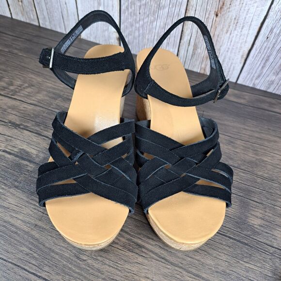 UGG Uma Cork Suede Strappy Wedge Sandals Women's Sz 9 Black (VGC) - Picture 7 of 9